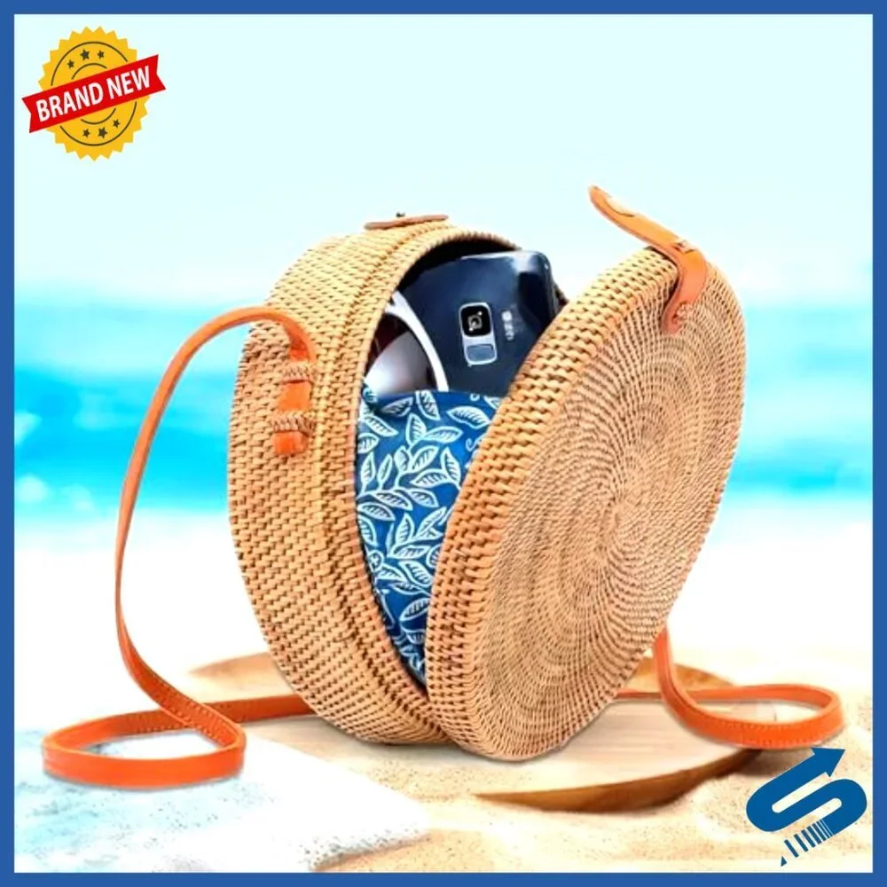 Round Rattan Crossbody Bag Handwoven Wicker Purse Summer Boho Chic